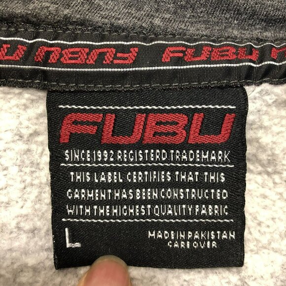 Fubu Charcoal Gray Hoodie Sweatshirt Red Accents Drawstring Hood Mens Size L - Picture 2 of 12